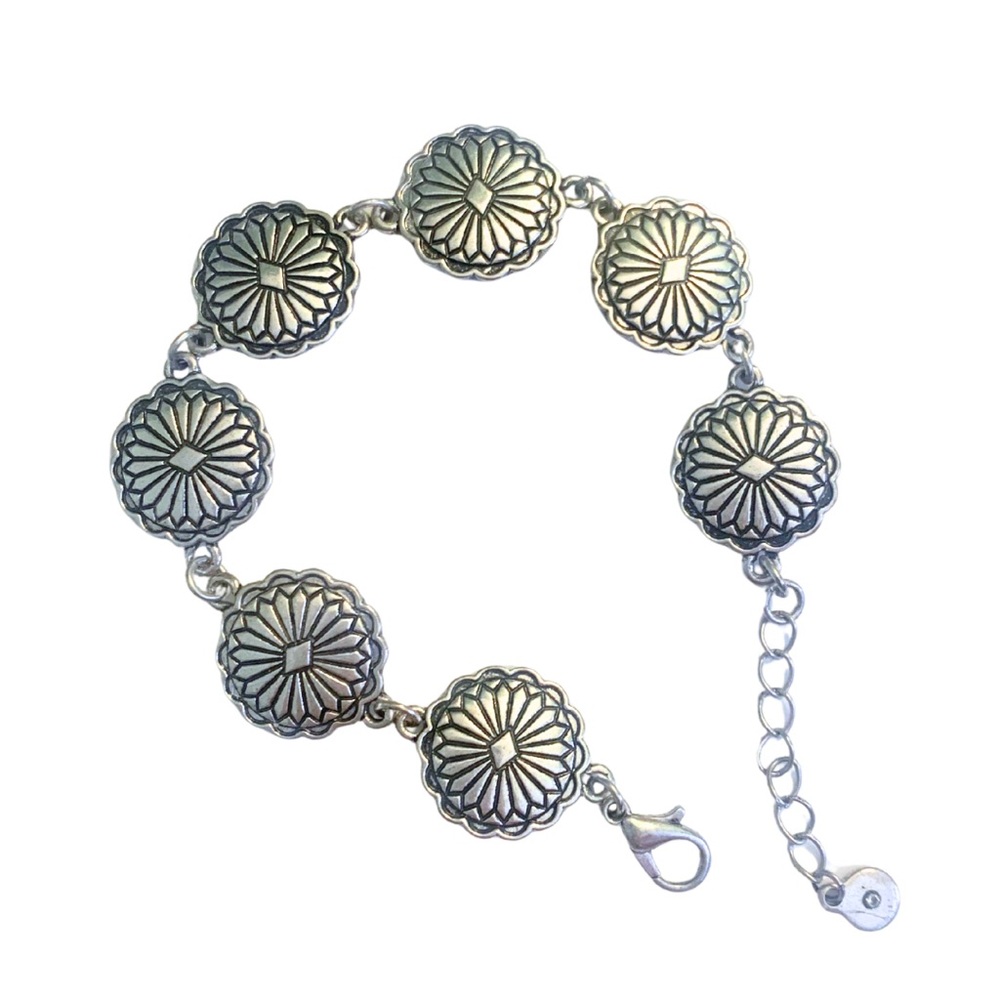2/$30 Silver Tone Engraved Circles Bracelet South Western Native Mexican Floral